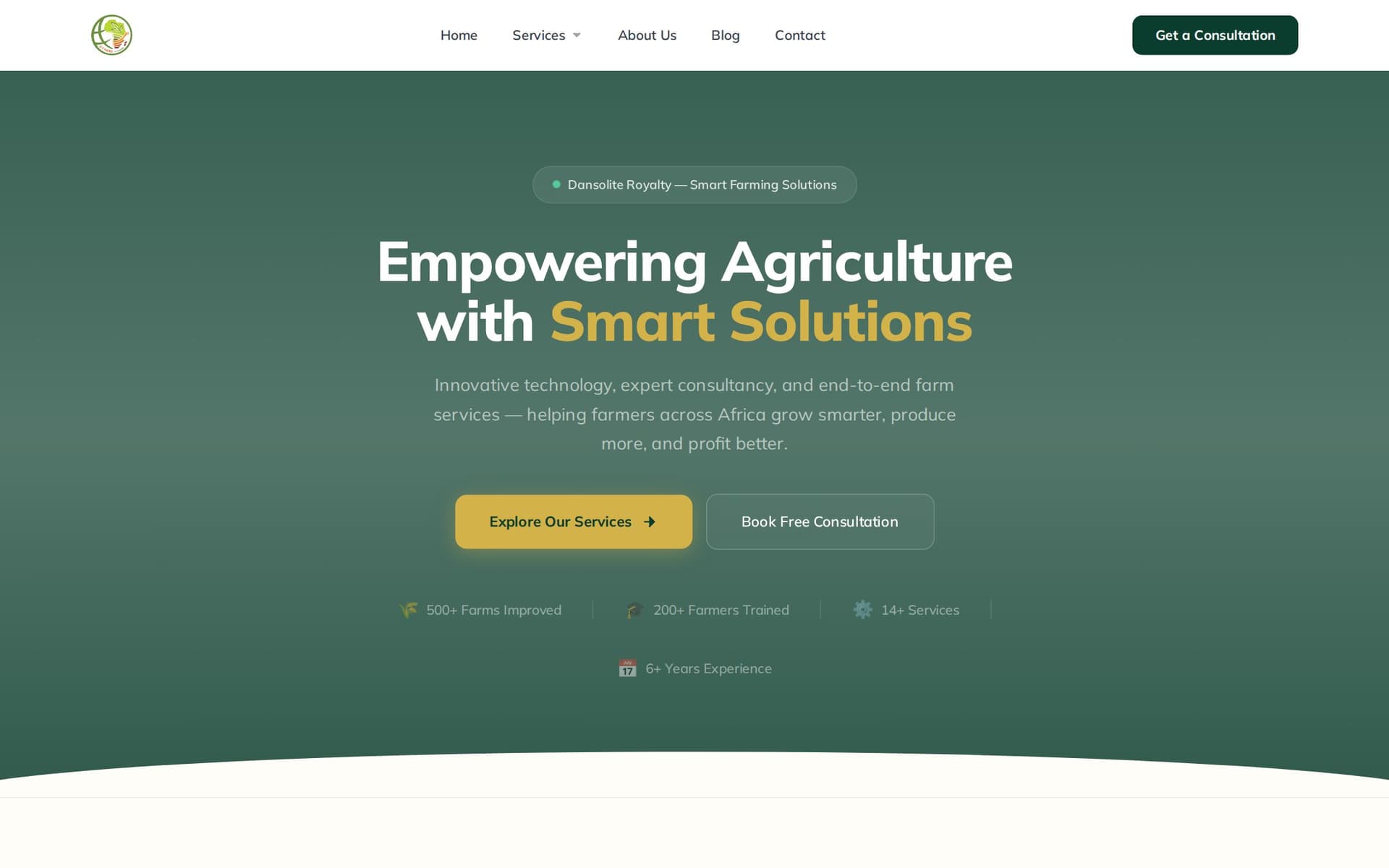 Service catalogue and consultation funnel for a Nigerian agritech company — work delivered for Dansolite Royalty