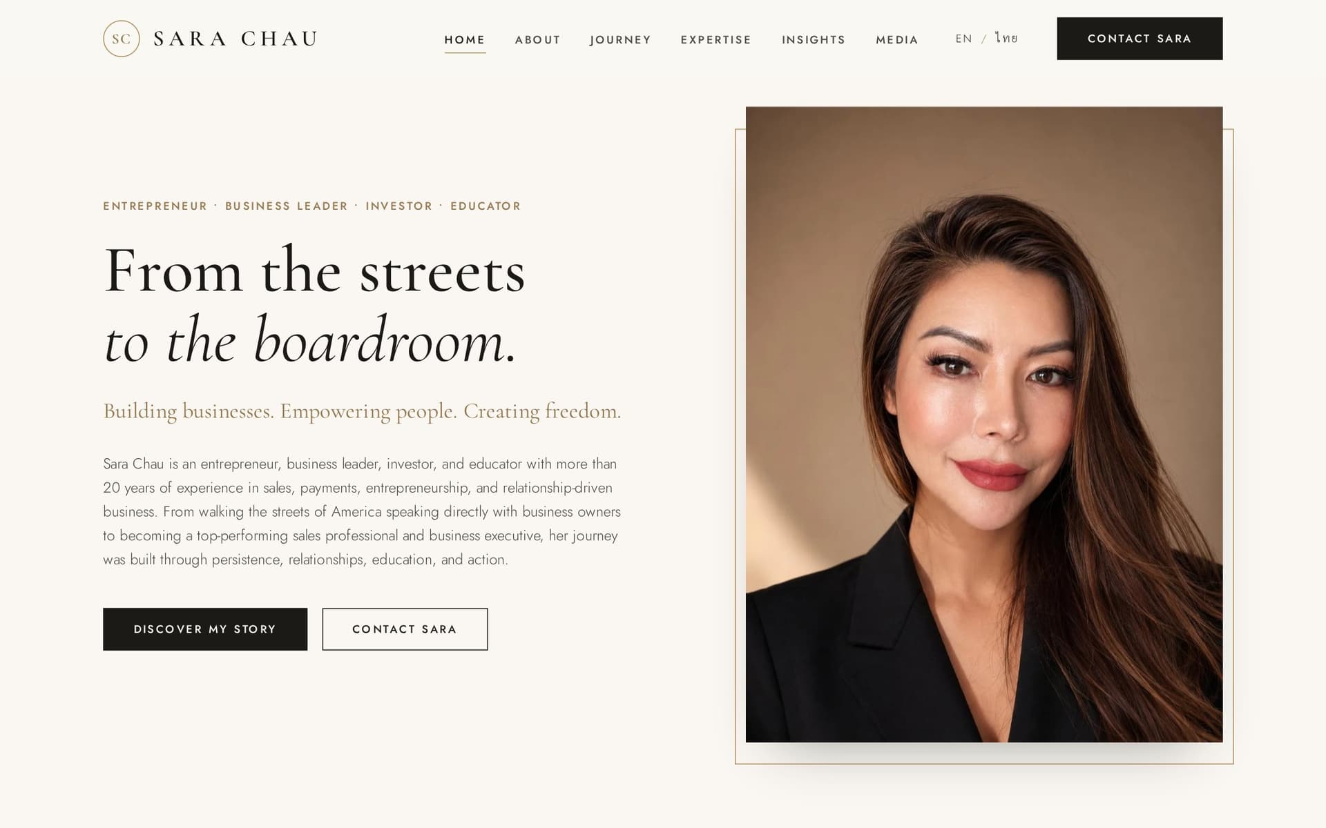 Bilingual personal brand site with a self-serve admin panel — work delivered for Sara Chau