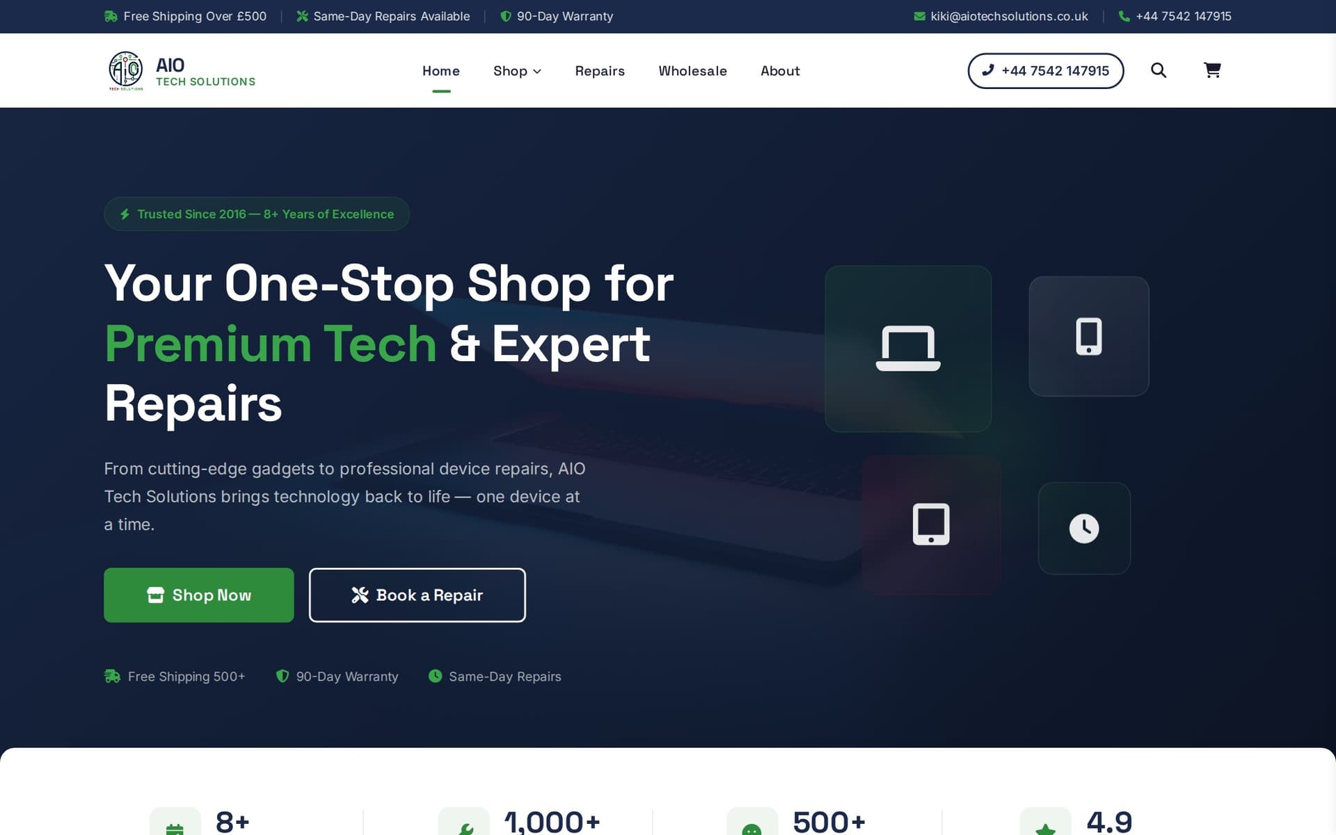 E-commerce storefront and repair booking platform for a UK tech retailer — work delivered for AIO Tech Solutions